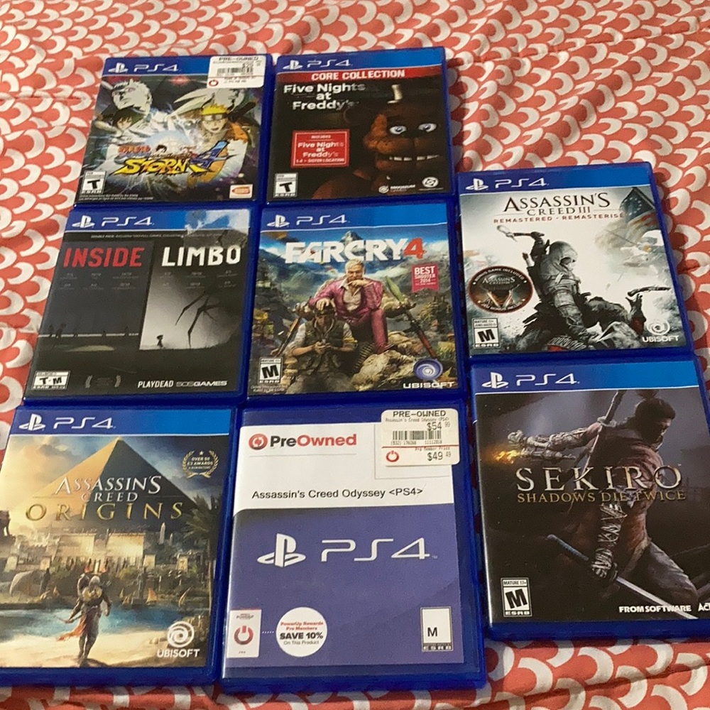 PS4 games $15 each or all 8 for $80. 2 blu-ray movies $15 each or both for $25.